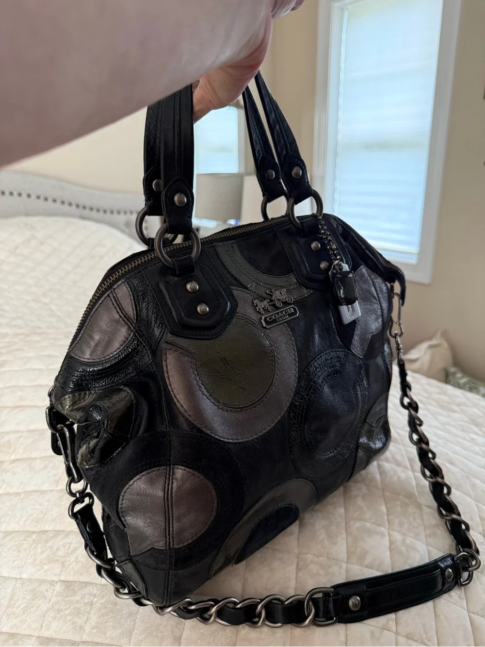 Coach Black Multi-Gray Circular Patchwork Leather Shoulder Bag